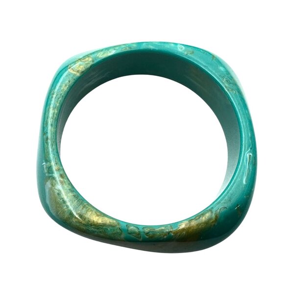Gold Turquoise Swirl Lucite Wide Bangle Bracelet Retro Chic Style Stackable - Picture 1 of 7